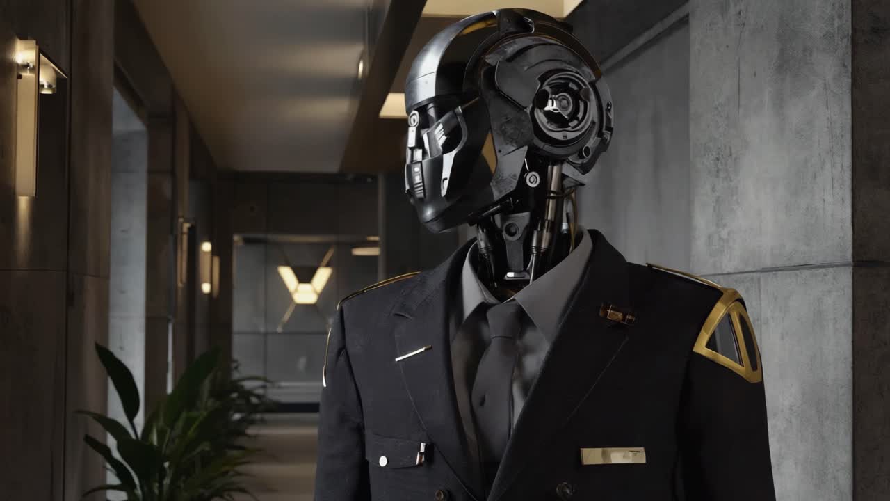 A black metallic robot in a security uniform standing in a modern hallway