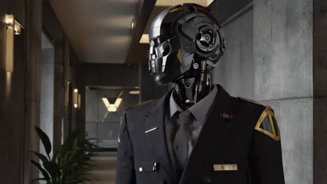 a black metallic robot in a security uniform standing in a modern hallway