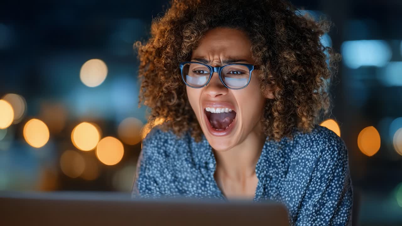 A young woman experiences intense emotion while engaging with her laptop, her expression revealing frustration, astonishment, or excitement against a blurred evening backdrop