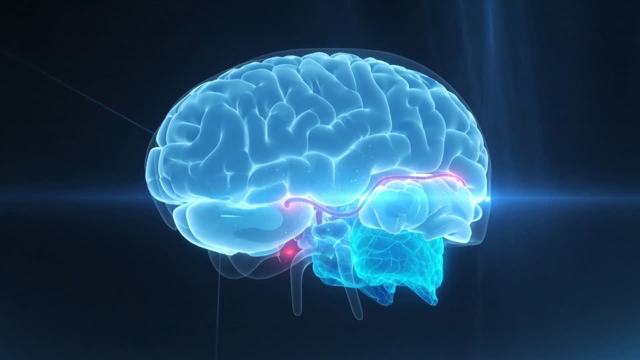 En pulserende rød node sender et signal gjennom en cyan hjerne-modell i et mørkt tomrom, og fremhever en rosa nervebane.