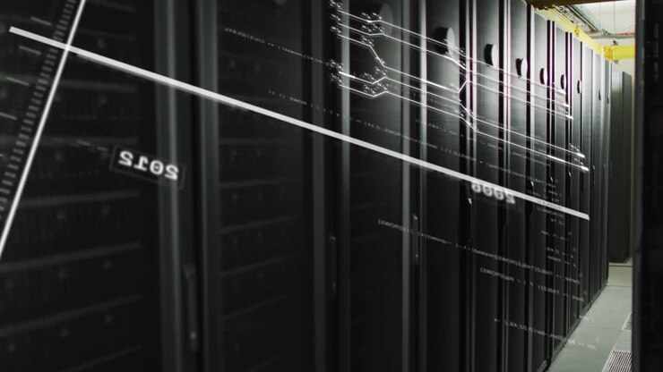 Animation of screens with programming language and numbers moving over data server racks