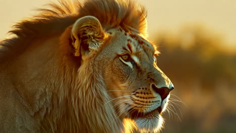 majestic lion staring into the distance at sunset in the african savanna