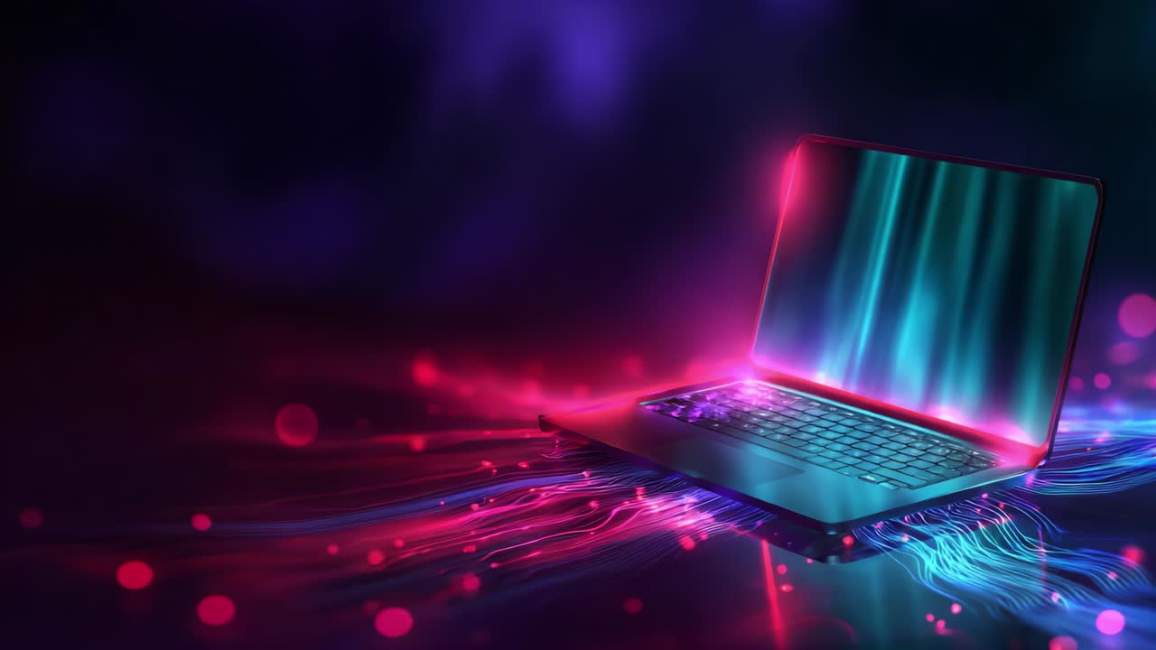 A visually striking digital representation of a futuristic laptop that embodies innovation and technology, with vibrant neon colors and flowing light patterns creating an engaging, immersive digital environment