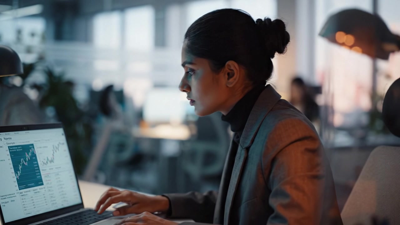 Focused Professional Analyzing Financial Data on Laptop in Modern Office Environment with Charts and Graphs, Demonstrating Data-Driven Decision-Making Process