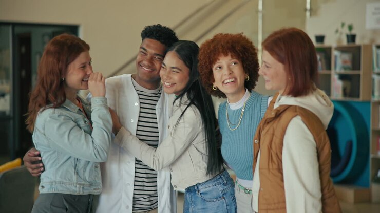 Group of diverse friends hugging indoors