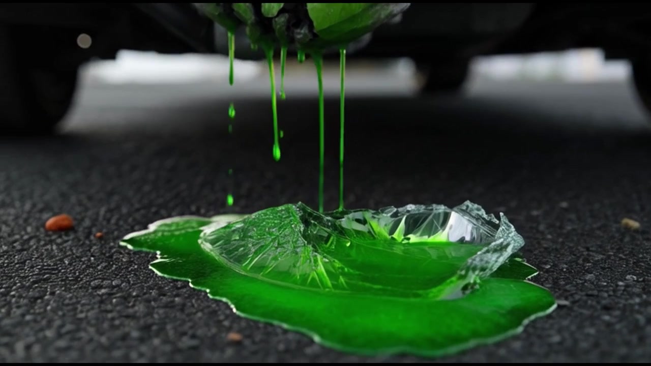 Green Liquid Leaking from Damaged Car Exhaust onto Asphalt