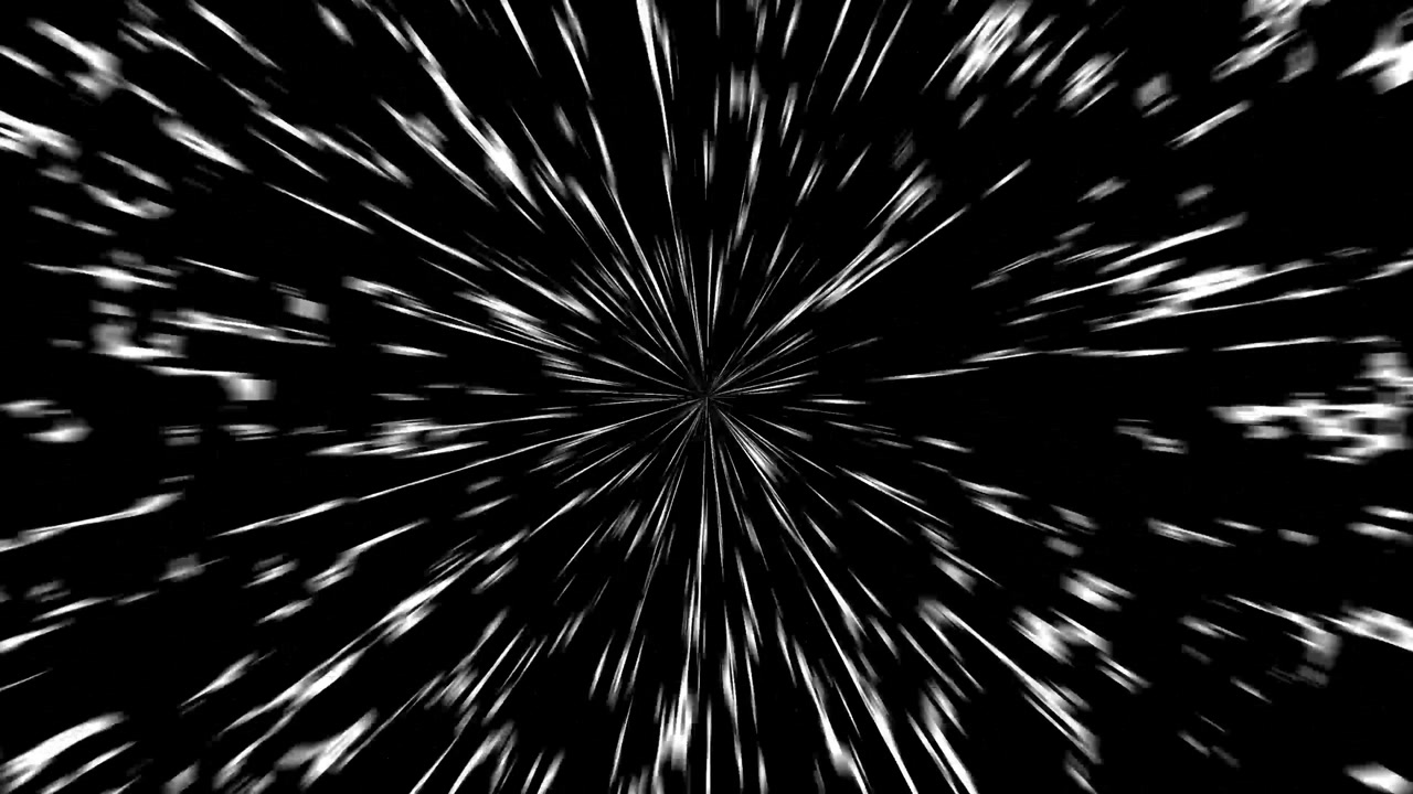 A unique matte black and white cartoon style transition, simulating a tunnel or fast moving particles