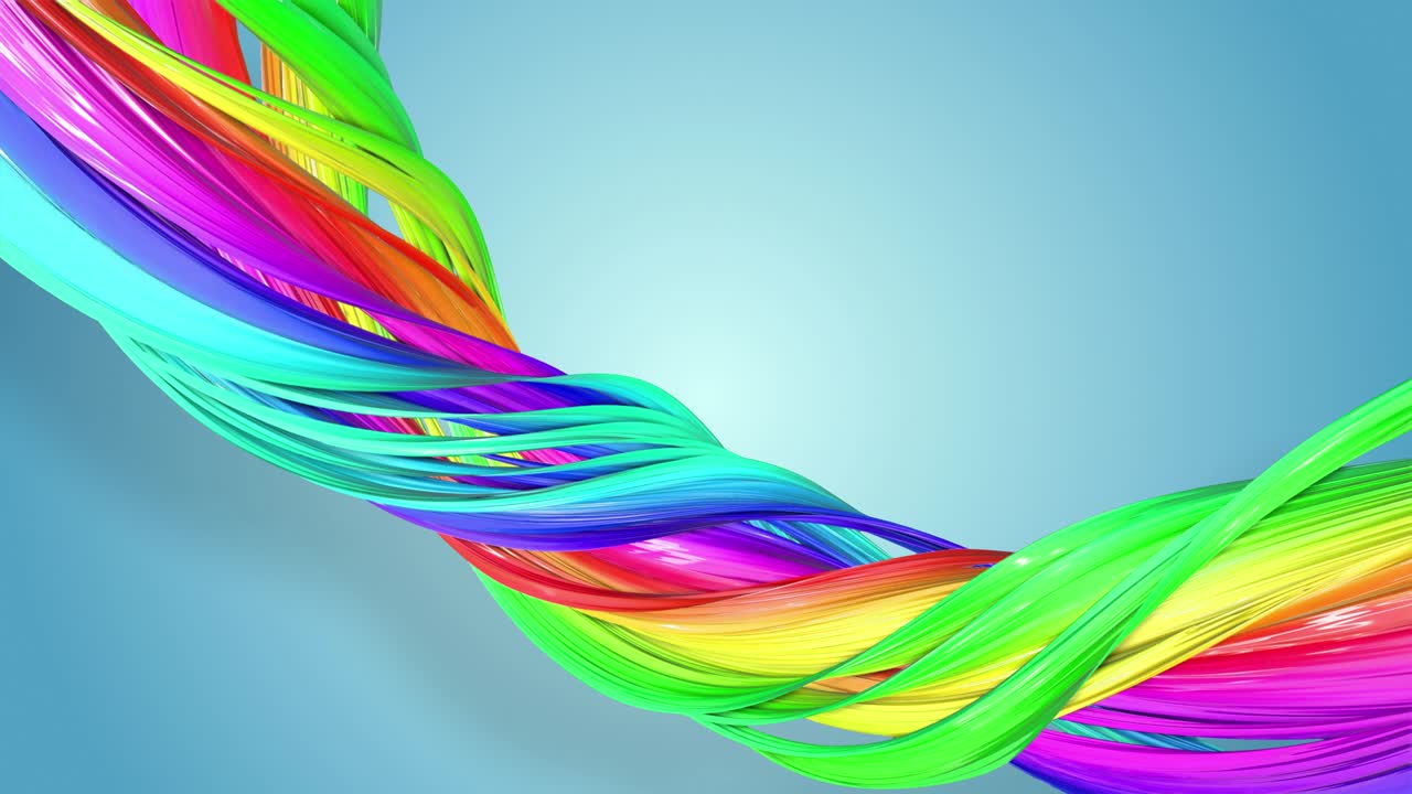 무지개 색의 환상적인 아름다운 리본, 휘어지고 구부러진, 다채로운 크리에이티브 배경, 부드러운 부드러운 애니메이션, 4k 선과 컬러 그라디언트.