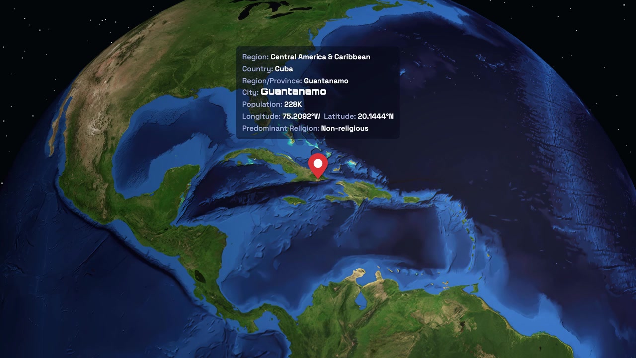 Digital globe rotates and zooms from space into Guantanamo Cuba with data overlay information