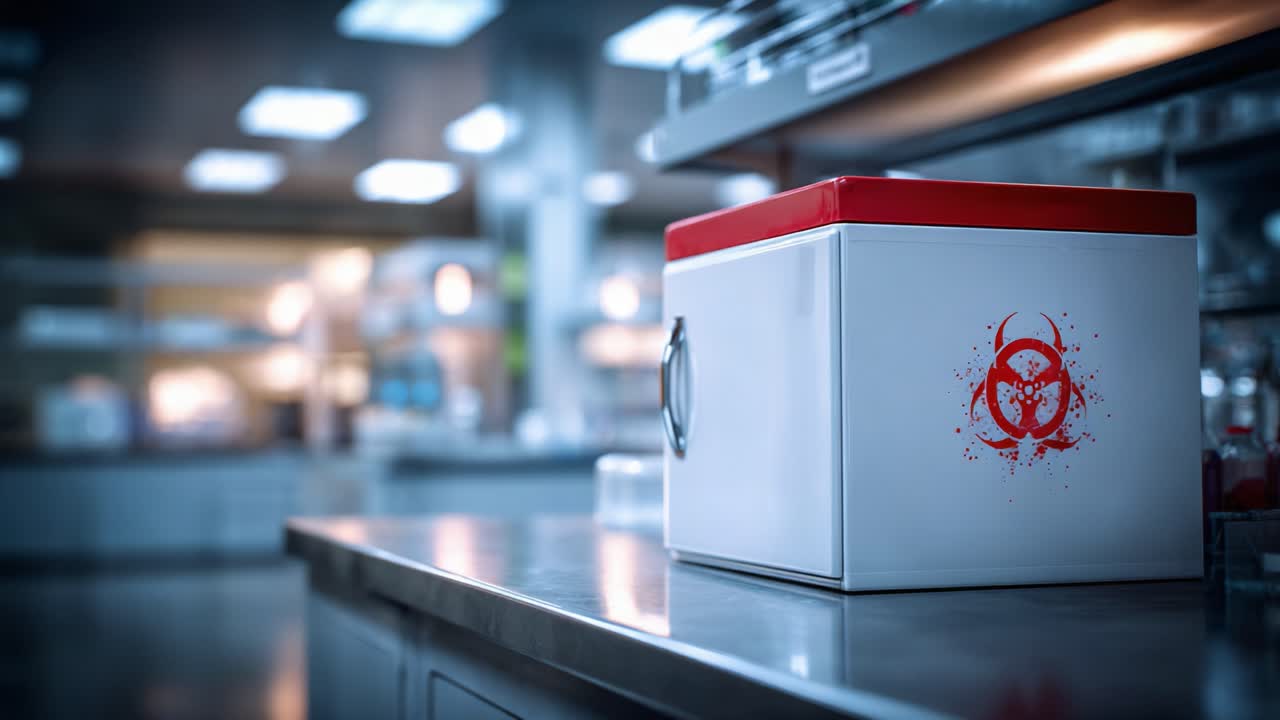 A Detailed Focus on a Biohazard Container in a Clinical Laboratory Environment, Highlighting Safety and Hazardous Material Management Practices
