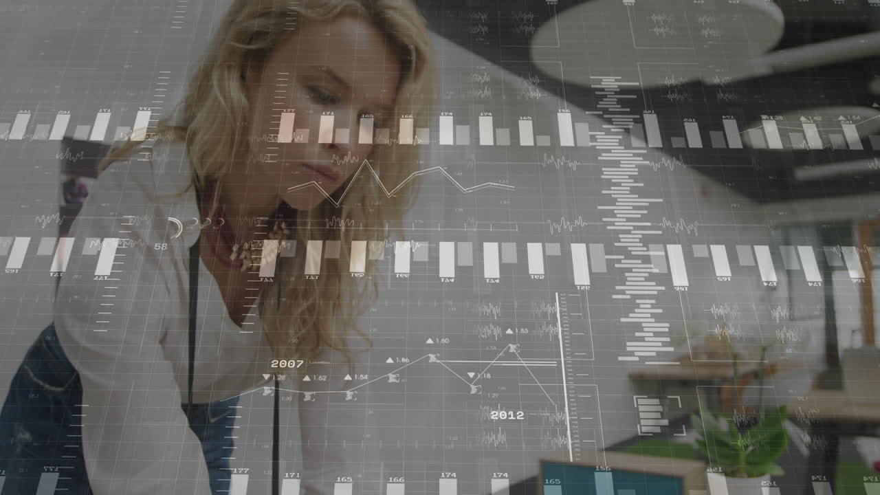 Analyzing financial graphs, businesswoman with data processing animation overlay in office