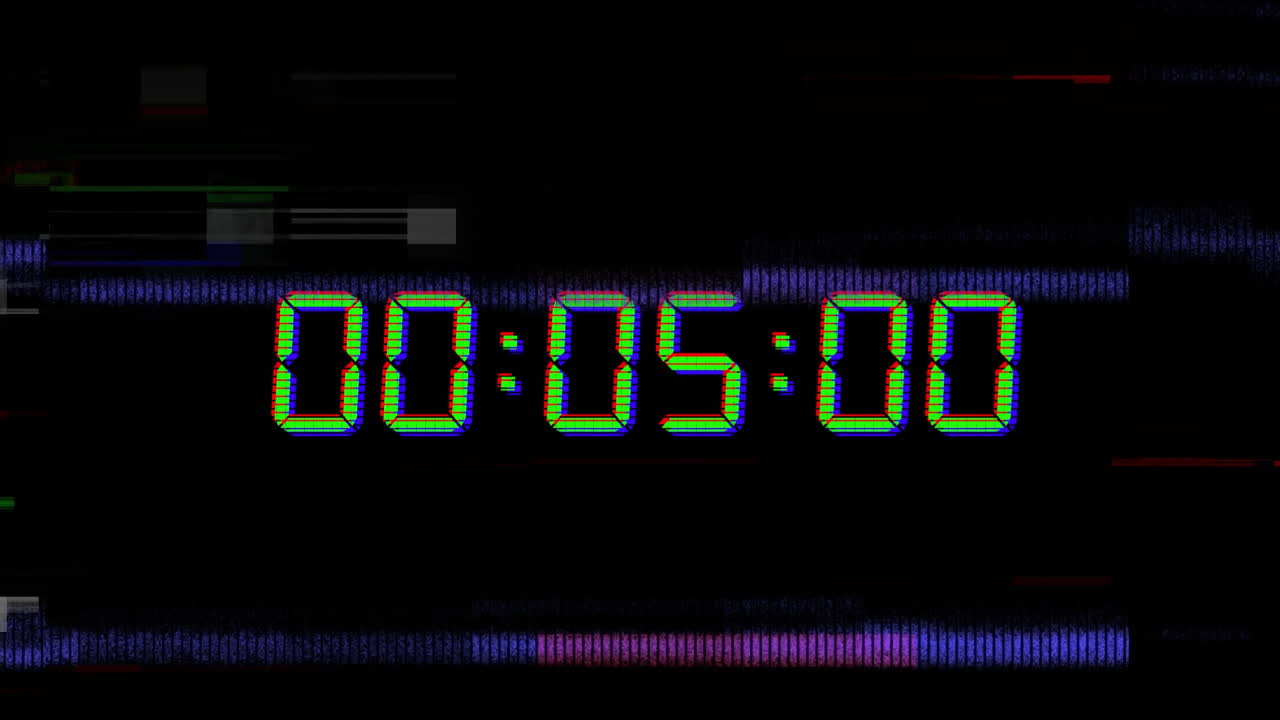 Animation of blue digital clock timer changing over blue light trails on black background