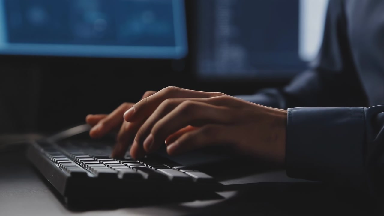 Closeup Hands Typing Code On Keyboard With Dim Monitors, Focused Night Work, Professional Desk Setup, Tense