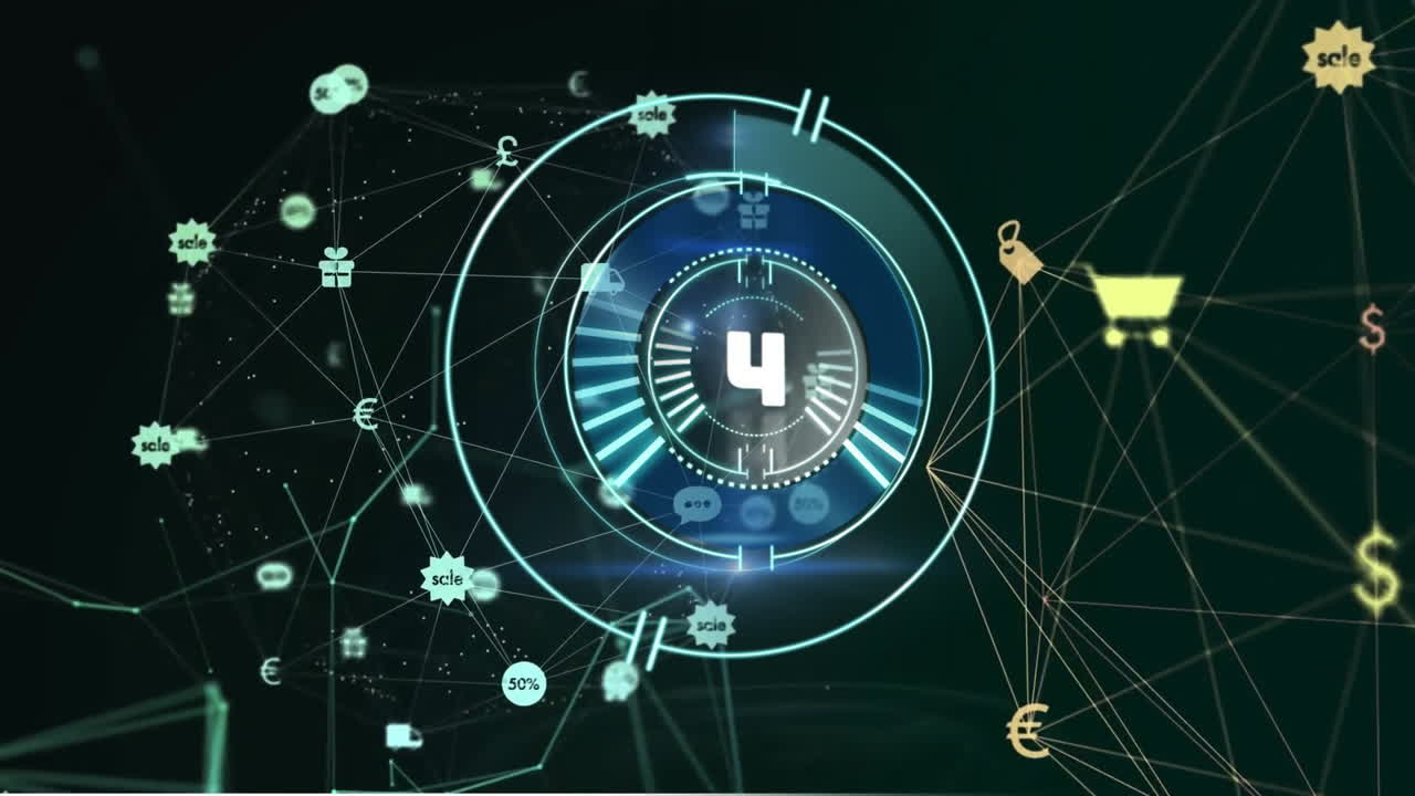 animación de la red de conexiones con iconos sobre el alcance en fondo oscuro