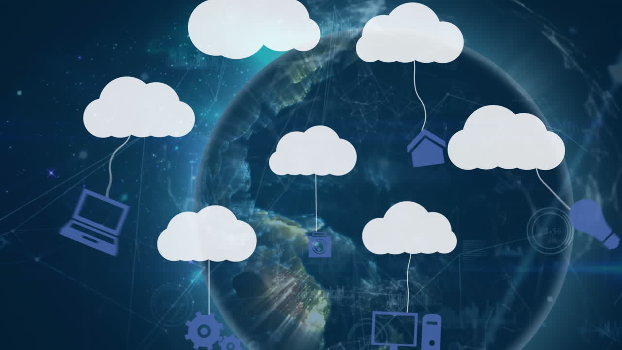 animación de nubes digitales con dispositivos electrónicos y procesamiento de datos en todo el mundo