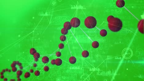 Animation-of-dna-and-scientific-data-processing-on-green-background