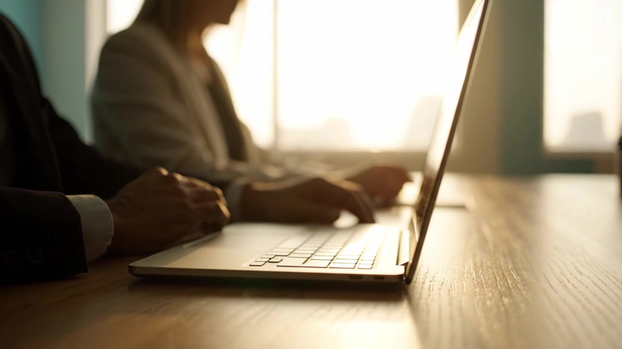 Profesionales de negocios colaborando en equipo en un espacio de trabajo moderno, concentrados en laptops y la cooperación durante horas productivas en un entorno bien iluminado.