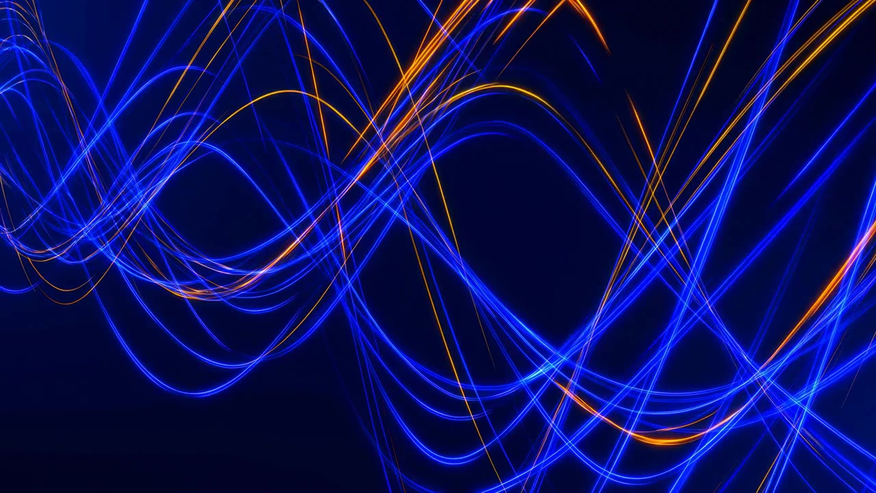 Dynamic Blue Ribbon Light Waves With Orange Accents Sweep Across Dark Stage, Creating Vibrant Neon Energy