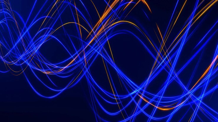Dynamic Blue Ribbon Light Waves With Orange Accents Sweep Across Dark Stage, Creating Vibrant Neon Energy