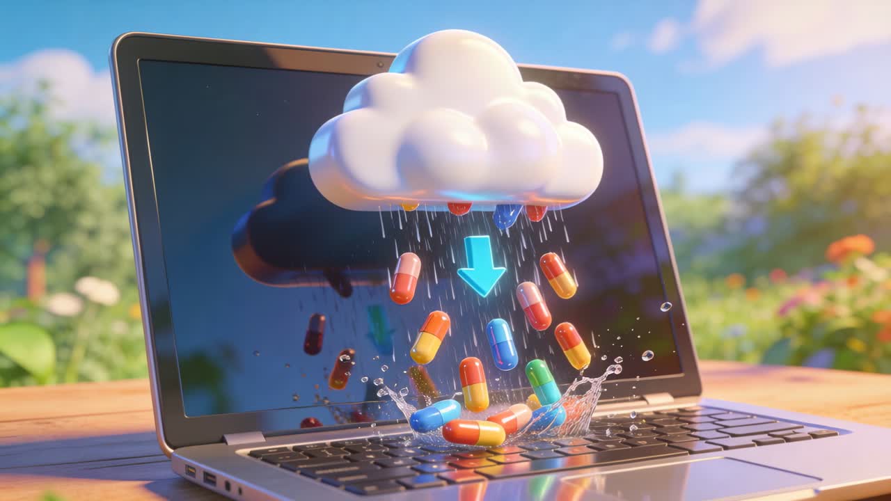 Blue arrow appearing, cloud pouring pills through screen into laptop keyboard, showing pharma
