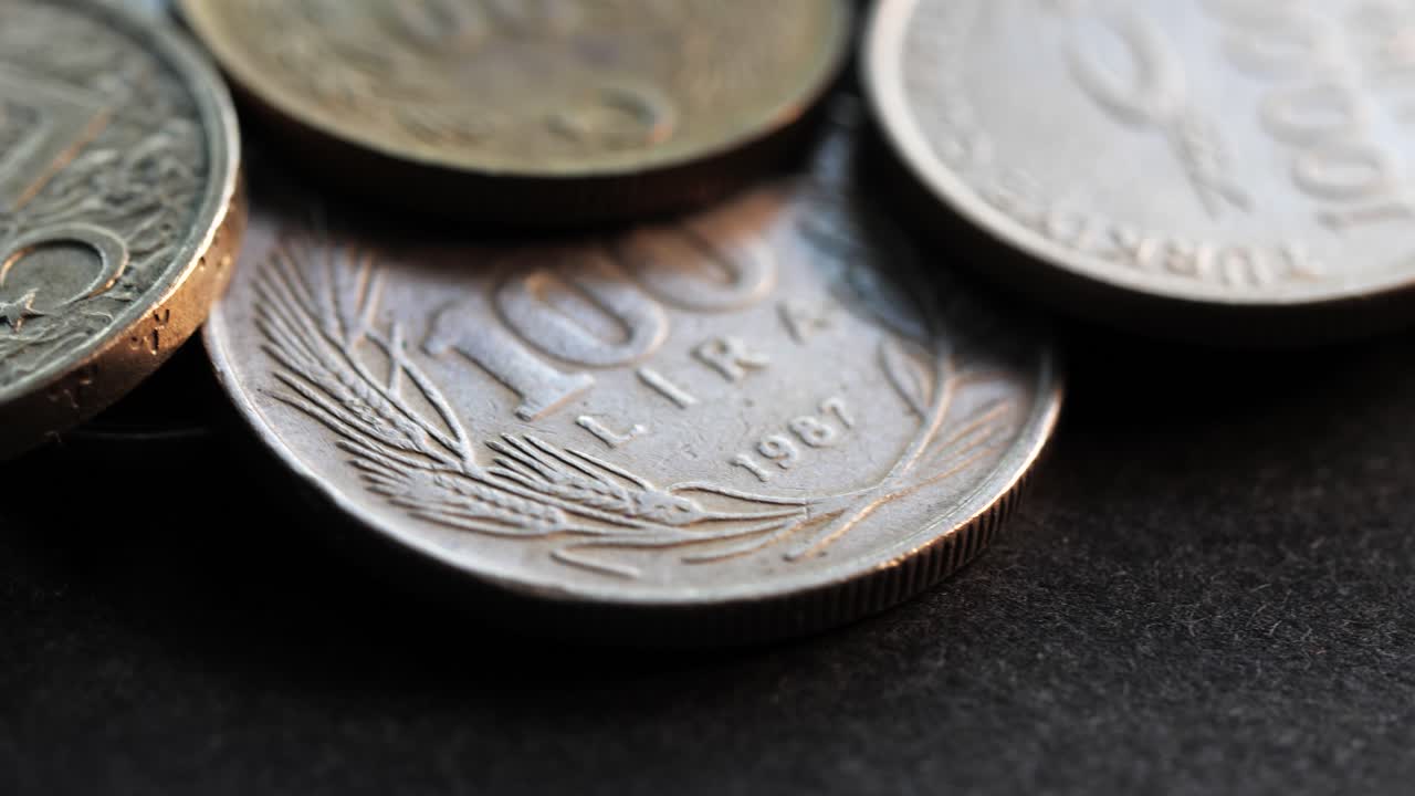 Close-up macro rotating shot of Turkish lira coins showing details and texture
