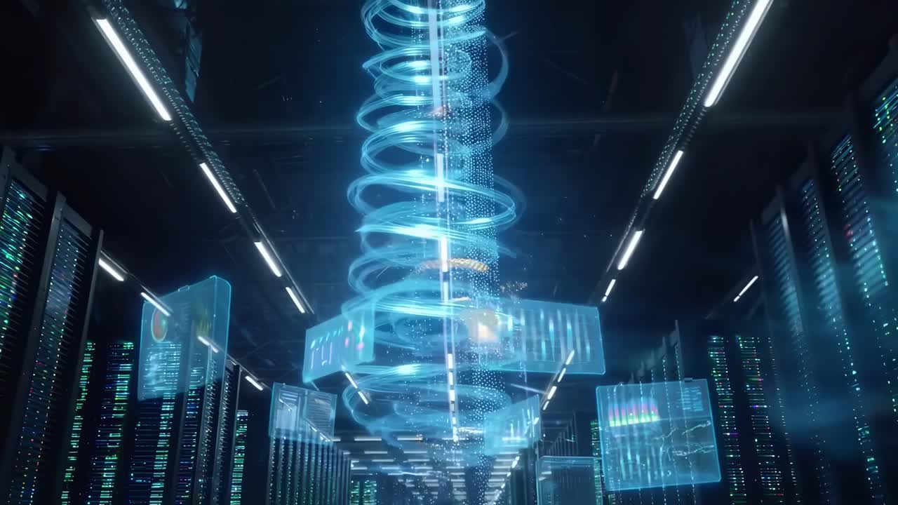 Futuristic video concept with a high-angle view of a digital globe and data screens in a server