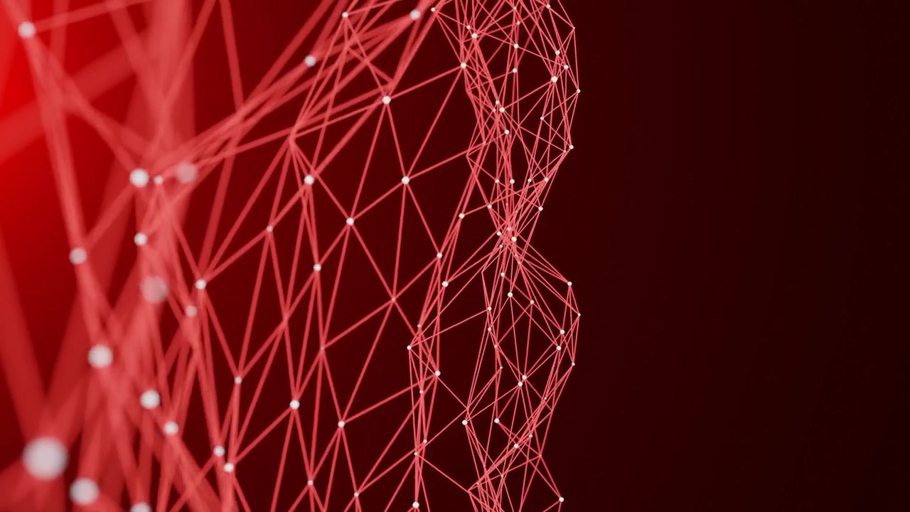 Abstract red network of connected glowing red points and lines on a dark background. Futuristic digital design concept for technology and data visualization. 3D rendering with copy space vertical