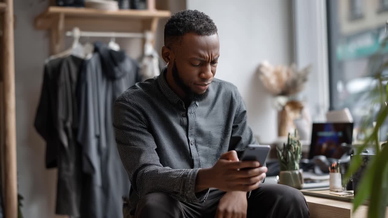 Young man sits calmly, holding phone. He wears a patterned shirt, dark trousers. His gaze is soft, focused on device. Natural light streams through window behind. Shop items hang nearby