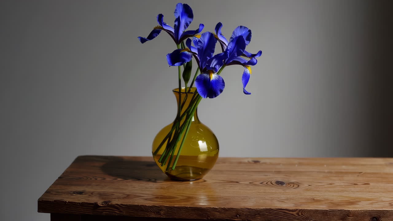 Blue Iris Flowers in a Yellow Vase on a Wooden Table