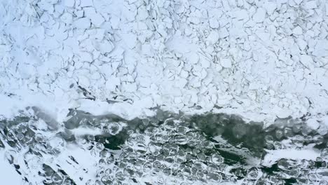 ice melting in a lake, aerial footage revealing warming temperatures melting ice in water