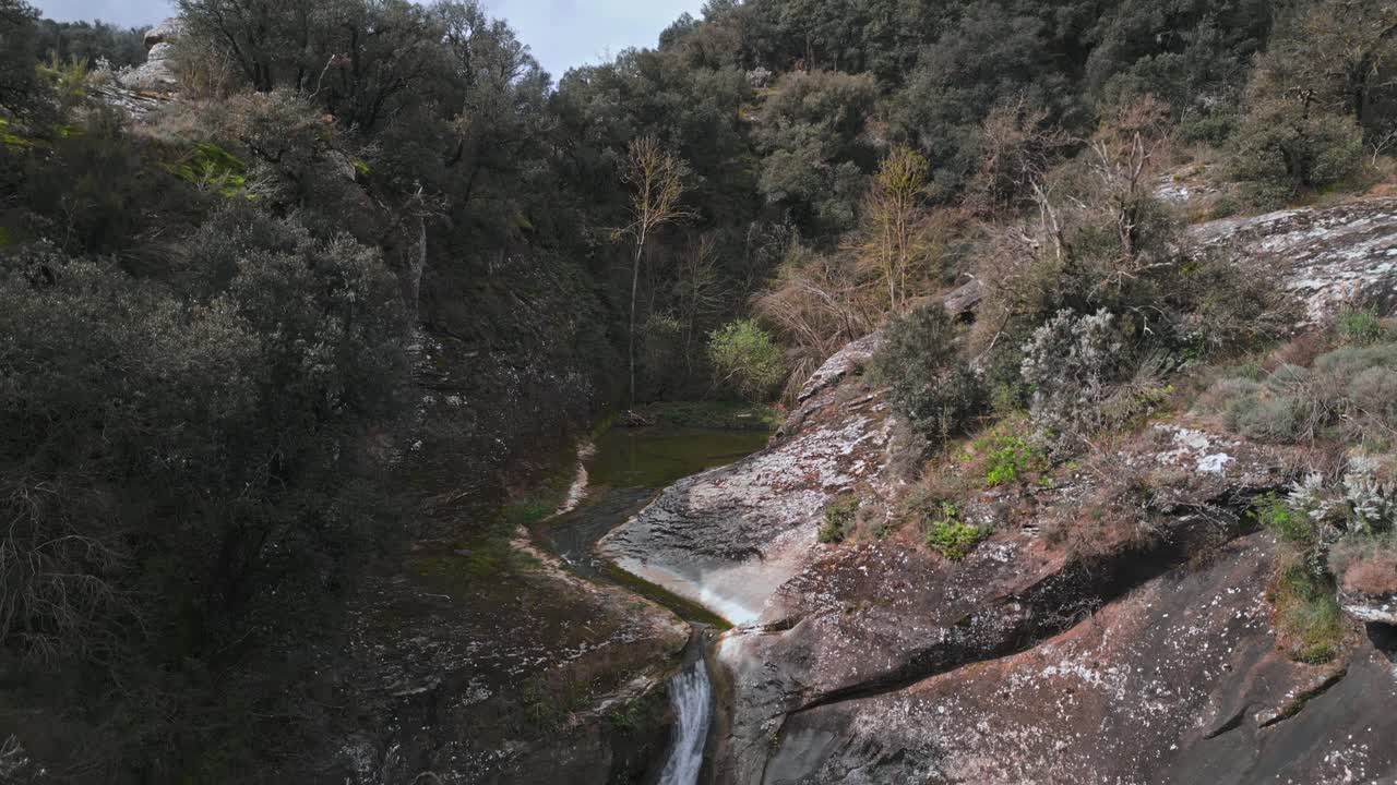 Cascading water flowing gently over rocky terrain in verdant les guilleries forest, revealing pristine natural landscape with serene ecological beauty of catalonian wilderness