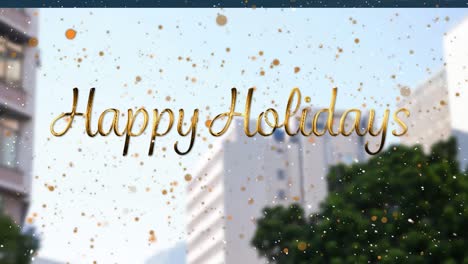 animation of light spots and snow falling over happy holidays text over cityscape