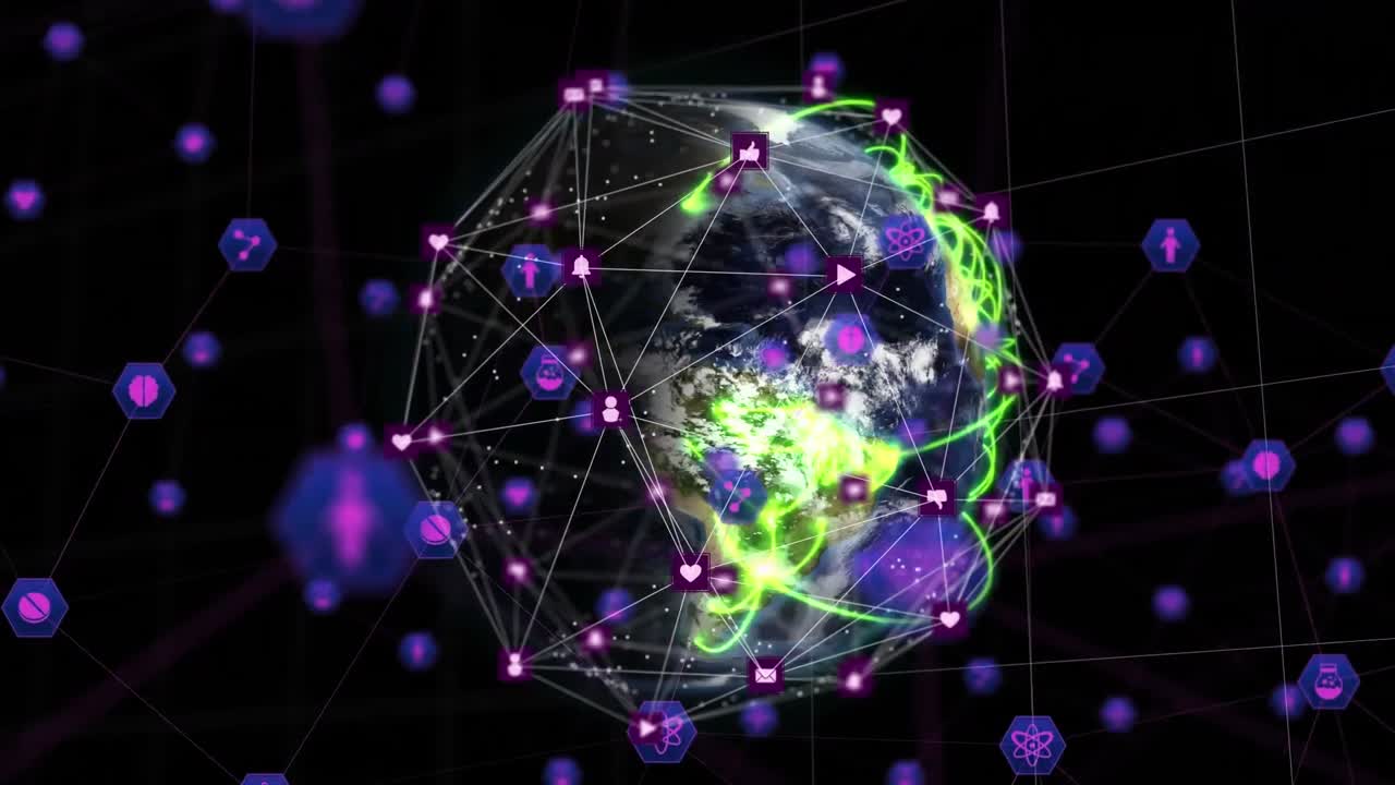 Animation of network of digital icons and green light trails over spinning globe on black background