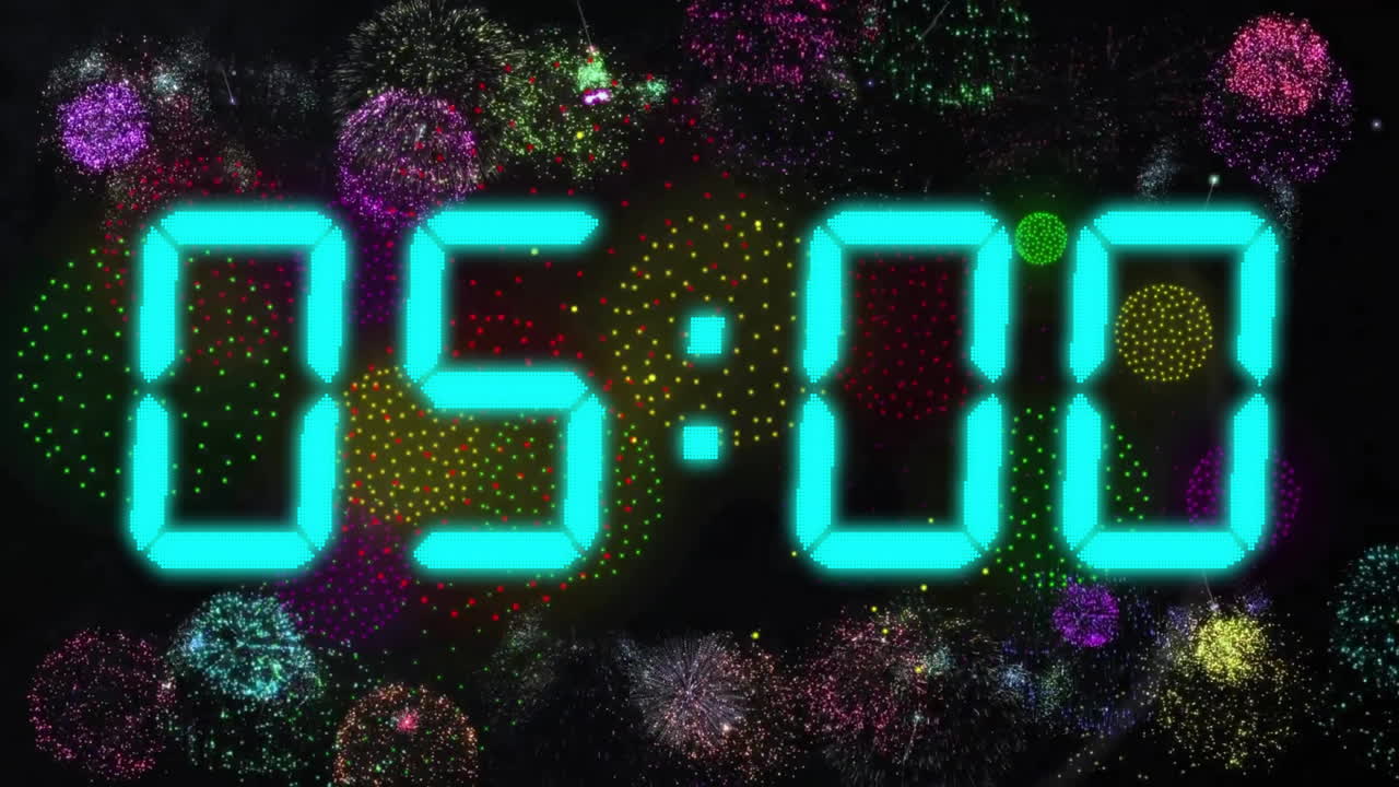 Animation of digital clock counting down to midnight with fireworks on black background
