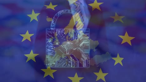 animation of padlock, data processing and flag of eu