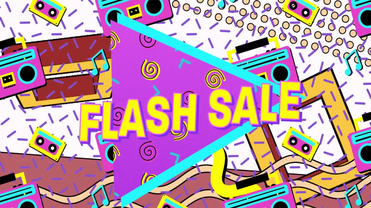 animación del texto de venta flash en letras amarillas sobre el patrón de reproductores de casetes retro de colores brillantes