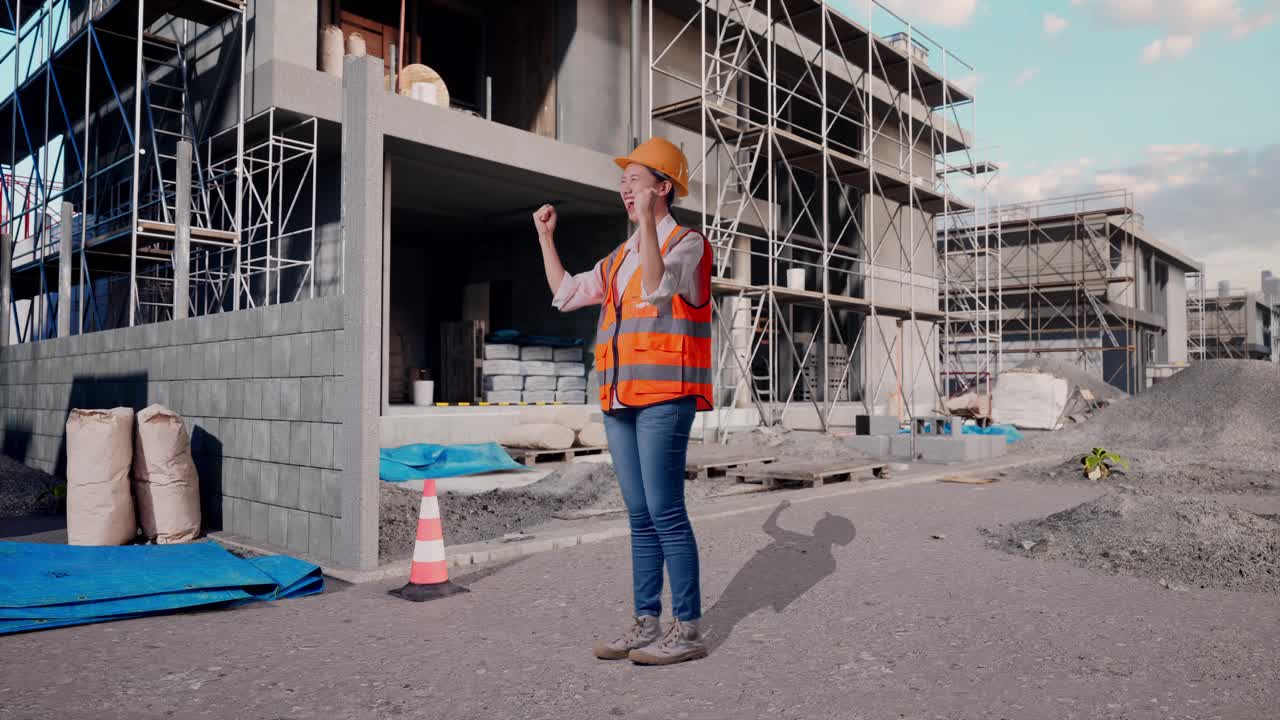 Full Body Side View Of Asian Female Engineer With Safety Helmet Screaming Goal Celebrating Working At Construction Site in Progress to New House