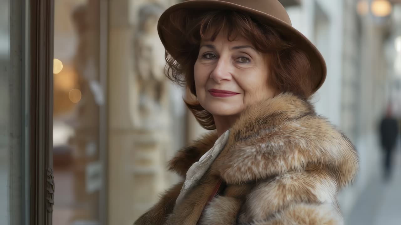 Stylish Woman in Fur Coat Window Shopping