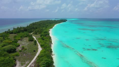 Long-tropical-island-with-a-narrow-path-going-through-surrounded-by-white-sandy-beach-and-turquoise-lagoon-with-coral-reef-under-a-cloudy-sky-in-Barbados