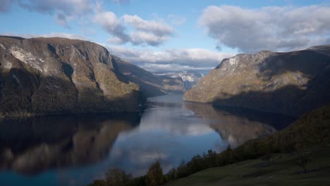 a view to a fjord with moving clouds and lambs in the foreground