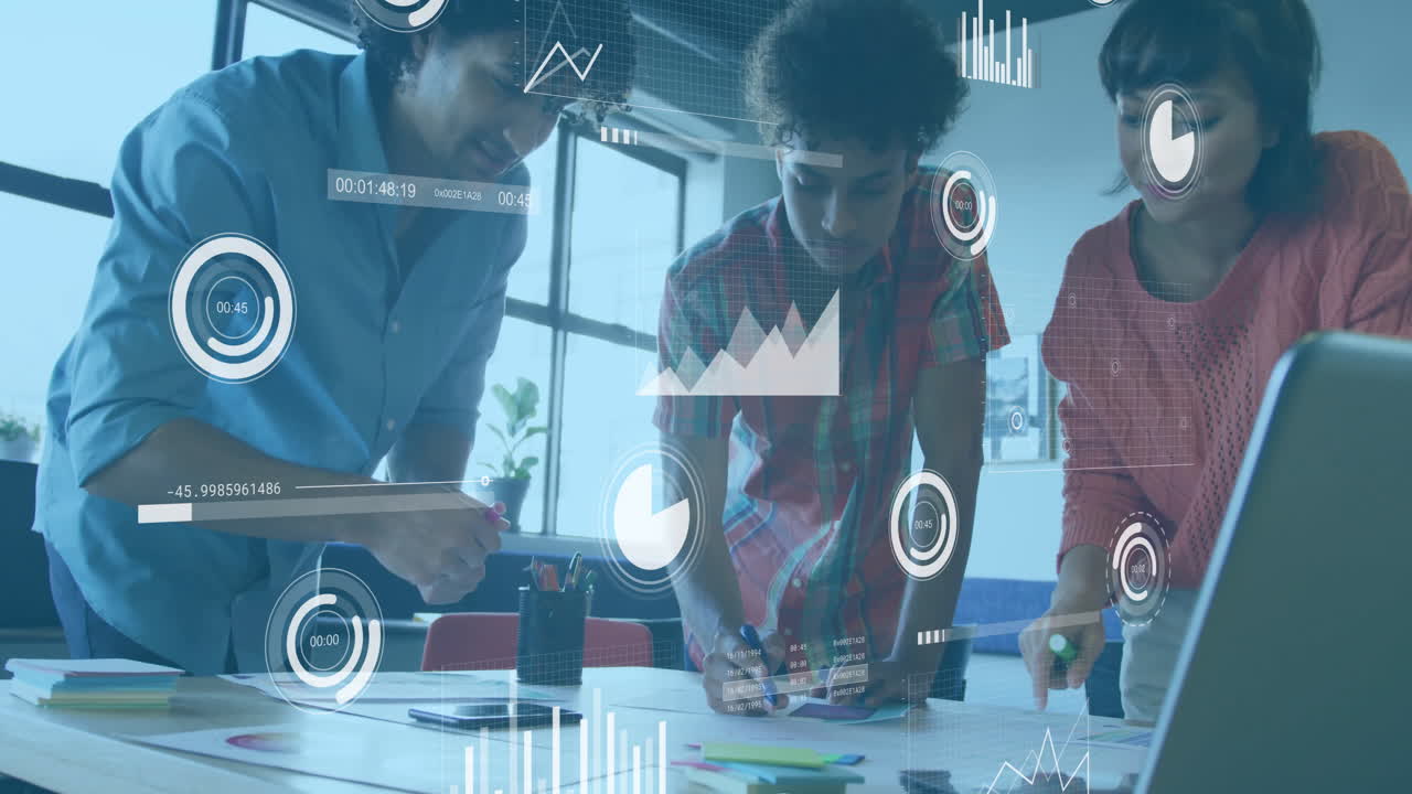Animation of charts processing data over diverse colleagues brainstorming at casual office