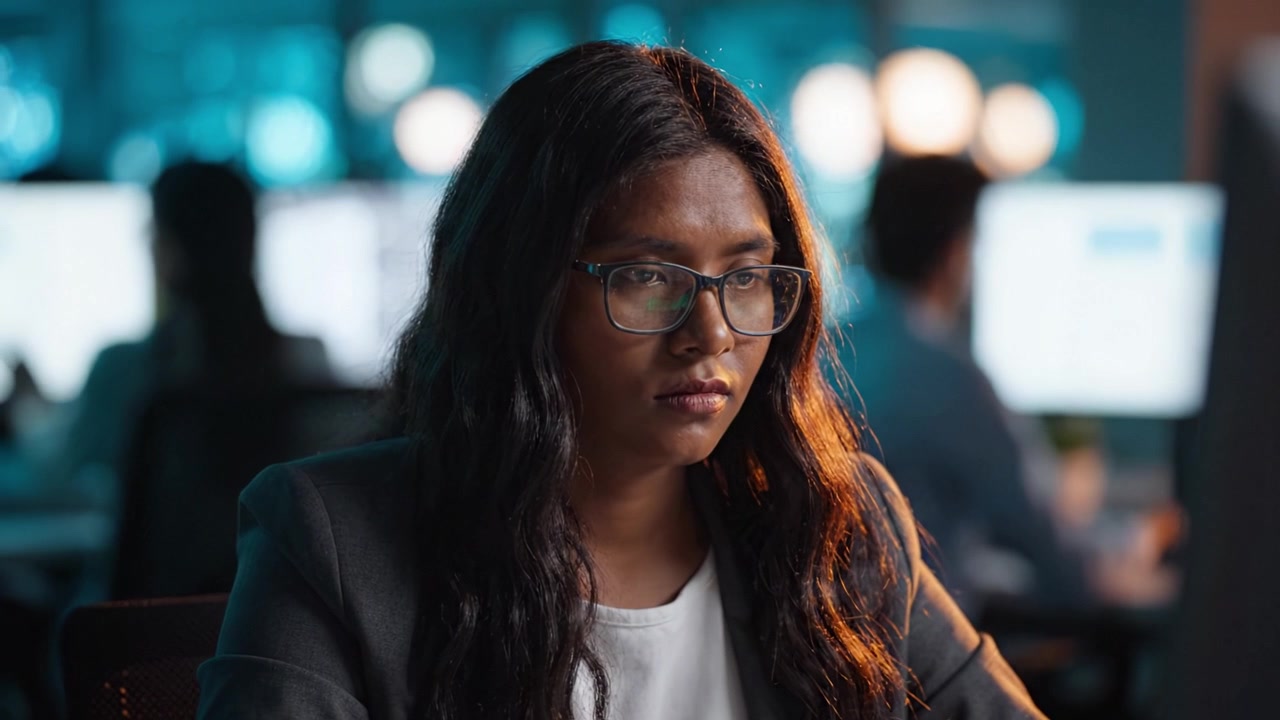 Focused Professional in Modern Office Environment Analyzing Data on Computer Screen During Night Shift, Surrounded by Digital Screens and Colleagues