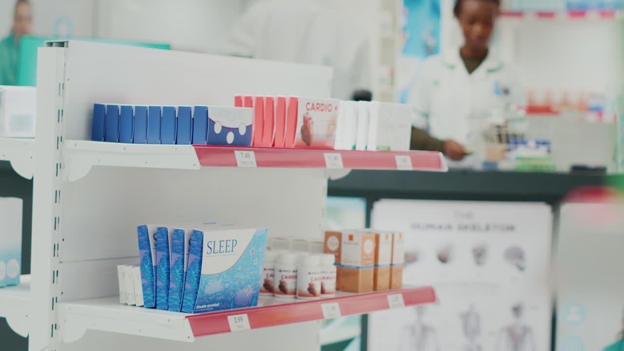 Pharmacy shelves with medication and customers