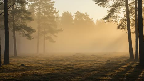A Serene Dawn in the Forest: Sunlight Breaks Through the Misty Trees, Creating a Tranquil Atmosphere of Peace and Natural Beauty