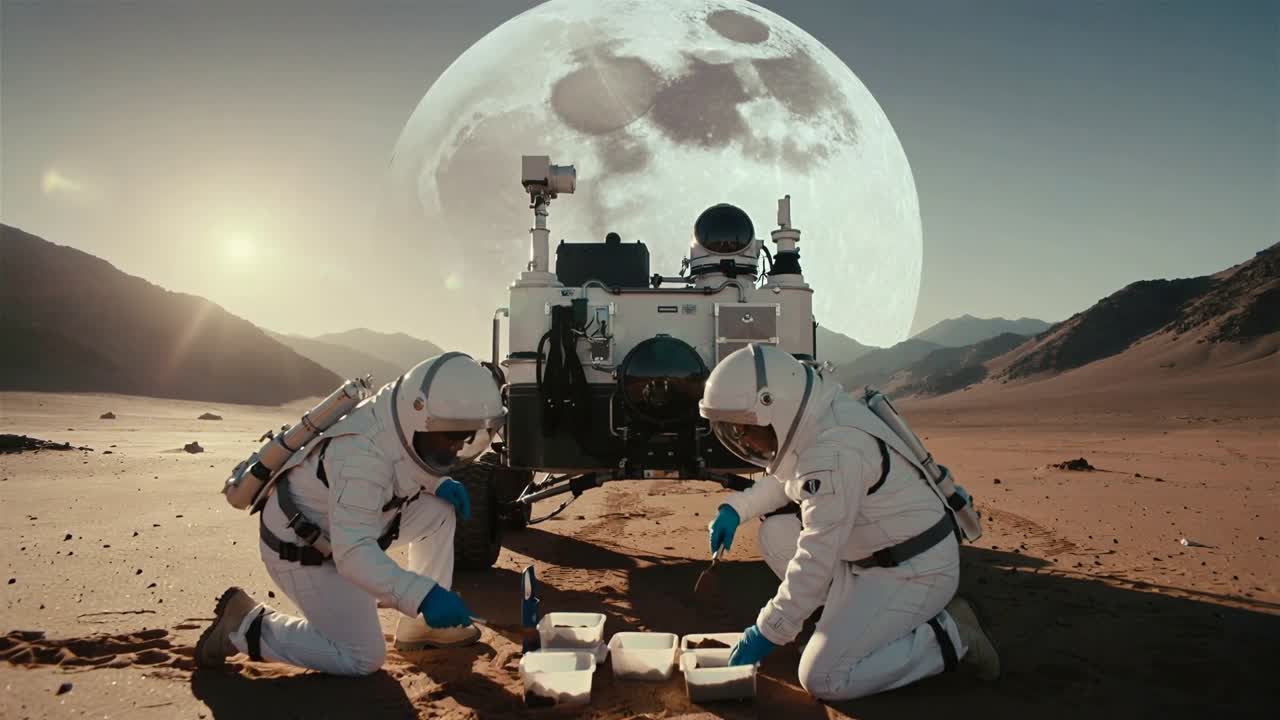 Rover estacionado, equipe uniformizada ajoelhada coletando amostras em bandejas perto do rover em uma planície para análise.