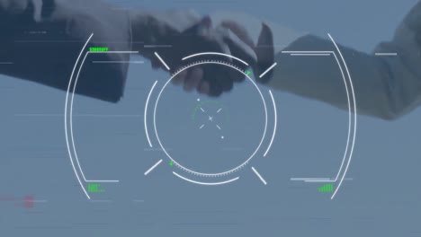 animation of scope scanning and data processing over businessman handshake