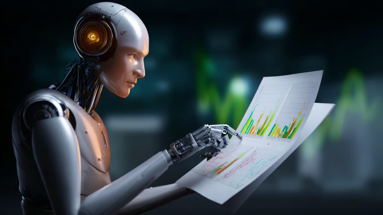 A futuristic humanoid robot analyzing complex data charts and financial graphs, demonstrating advanced technology, intelligence, and analytical capabilities in a modern setting