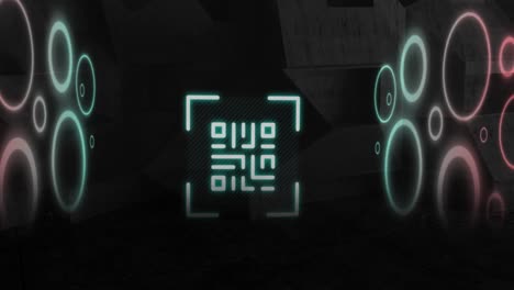 animation of blinking qr code and circles over stone abstract structure in background