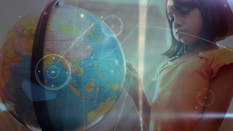 red de conexiones sobre niñas caucásicas aprendiendo geografía usando un globo en la escuela primaria