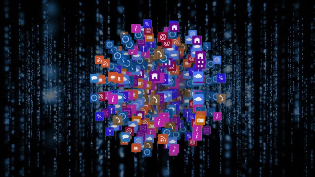 animación de iconos de internet y símbolos para las redes sociales en forma de globo terráqueo